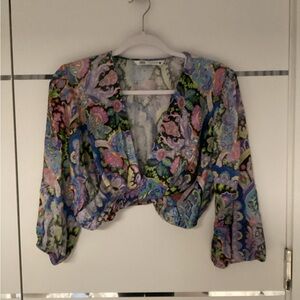 ZARA Paisley Cropped Blouse in Blue, Pink & Green